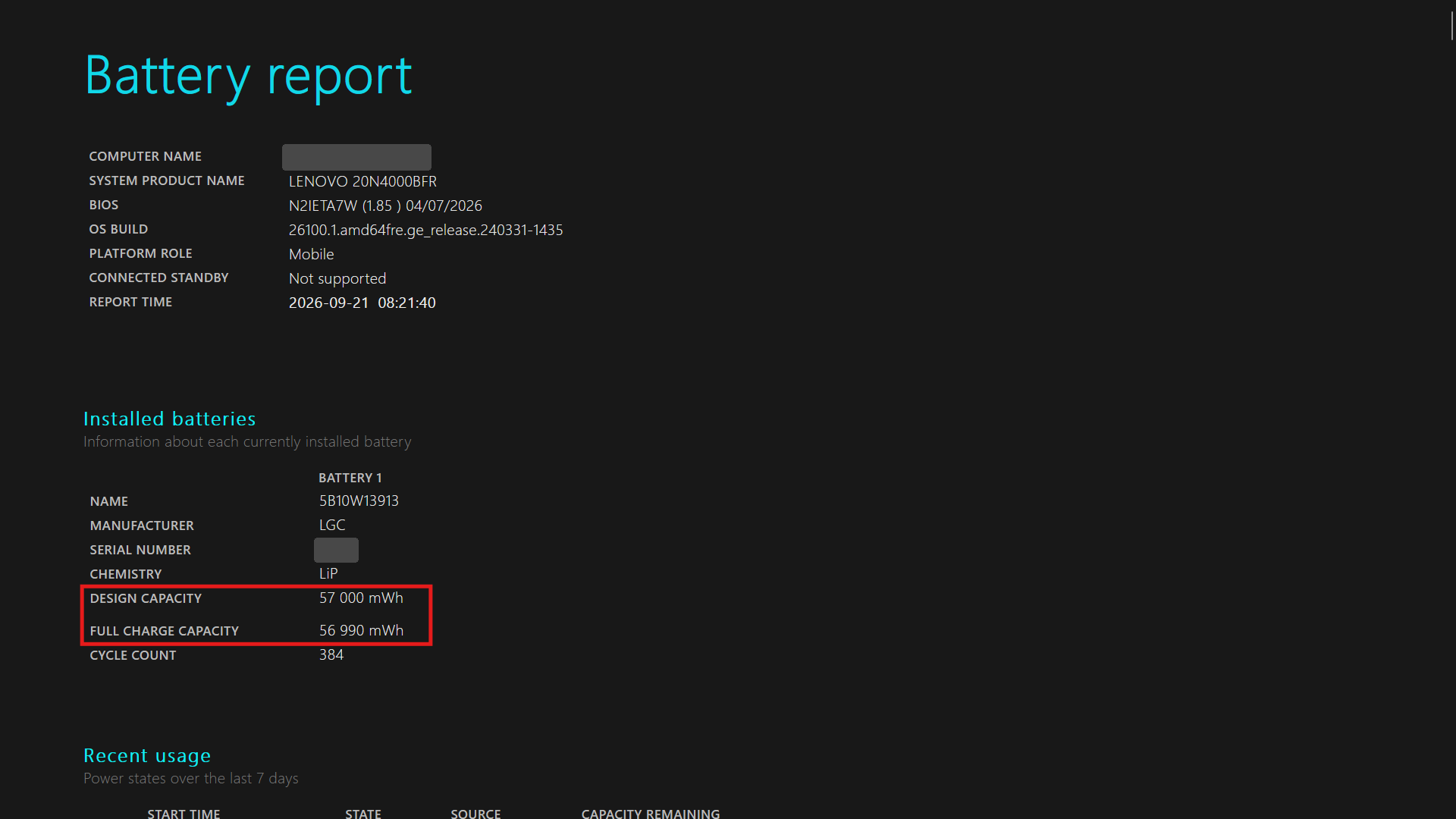Rapport battery-report.html de Windows avec les lignes Design Capacity et Full Charge Capacity encadrées