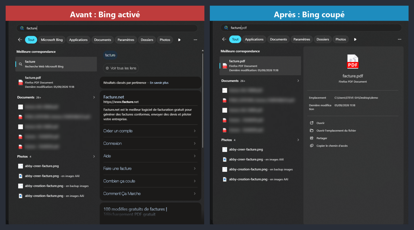 Résultats de la recherche Windows 11 pour la requête facture, avant et après la coupure de Microsoft Bing