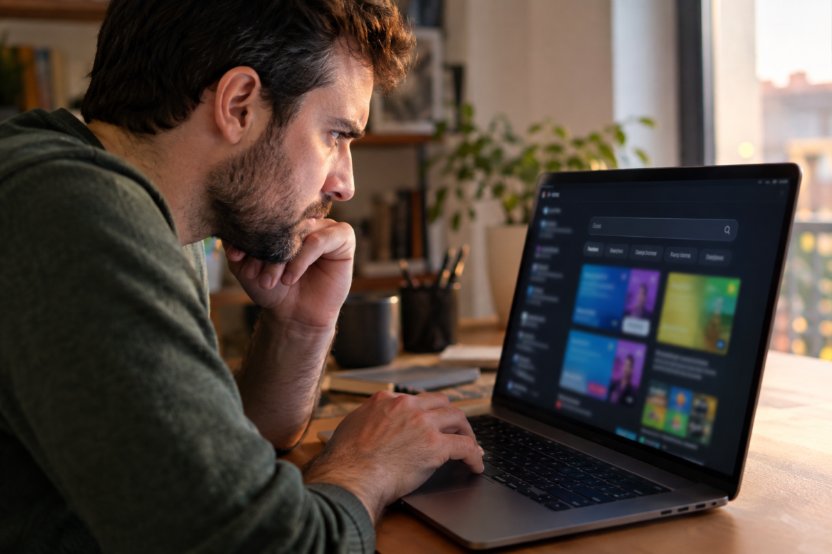 Homme perplexe devant son ordinateur portable, face aux résultats web qui envahissent la recherche de Windows 11