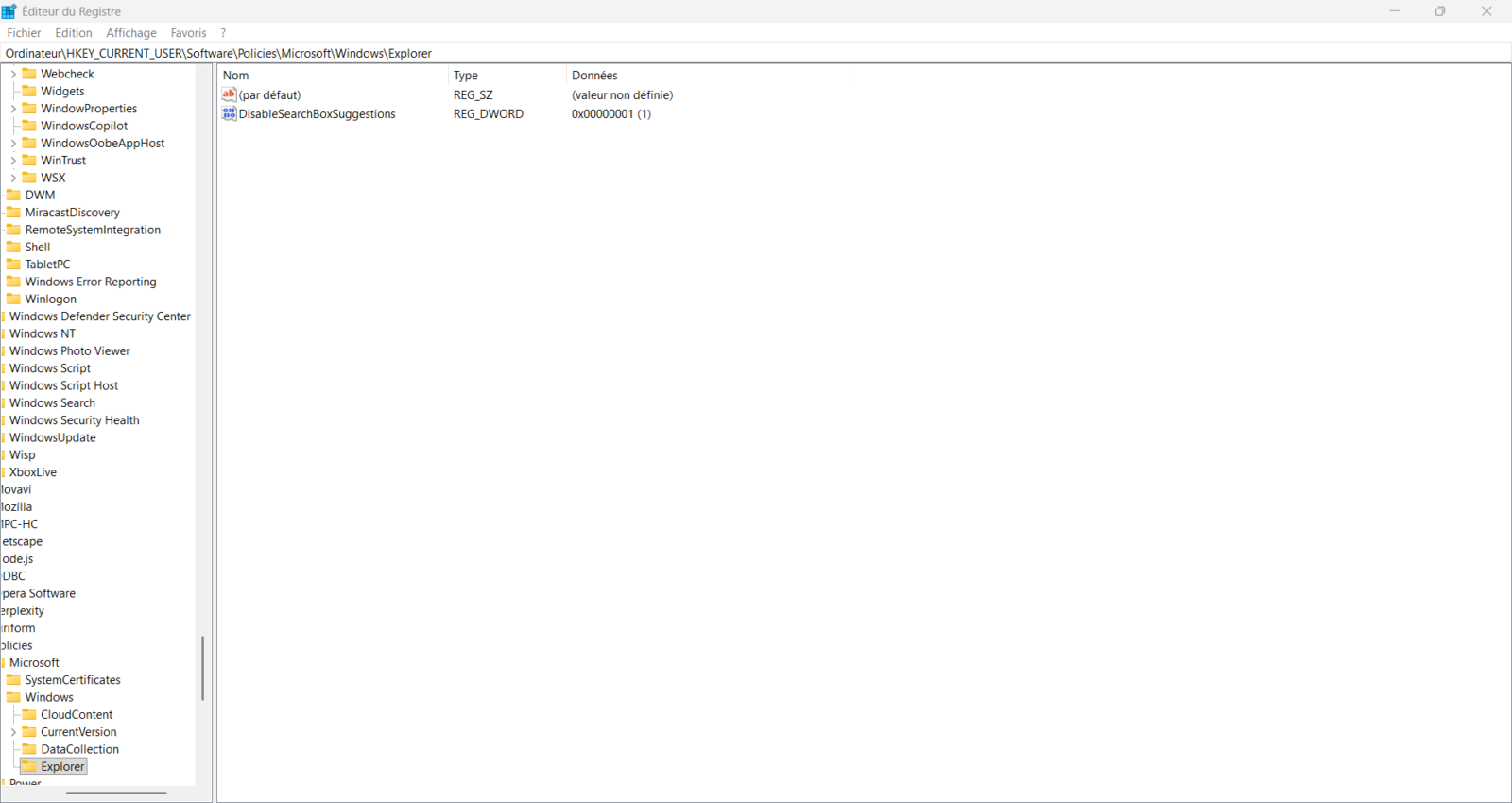 Éditeur du Registre Windows avec la valeur DisableSearchBoxSuggestions réglée sur 1 dans la clé Explorer