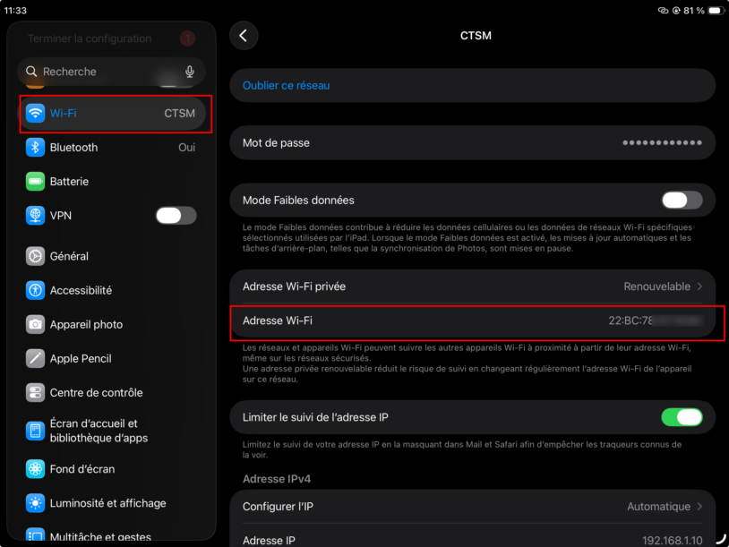 Réglages Wi-Fi d'un iPhone montrant la section Adresse IP pour trouver son adresse IP locale