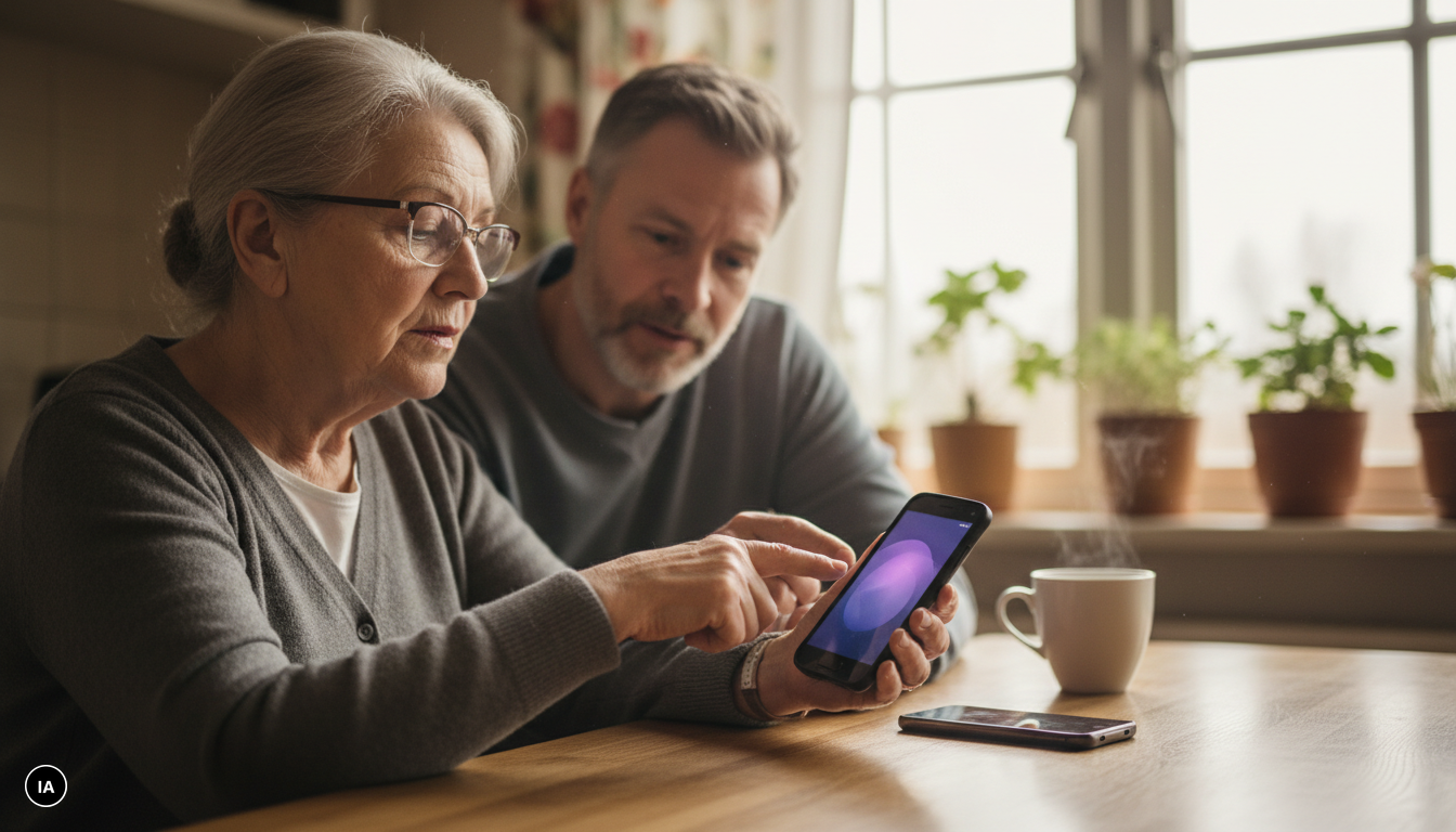 Femme âgée qui consulte son vieux smartphone Android avec l'aide de son fils, un téléphone récent posé sur la table devant eux