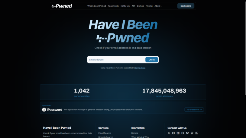 Page d'accueil de Have I Been Pwned pour vérifier gratuitement si votre adresse e-mail figure dans une fuite de données