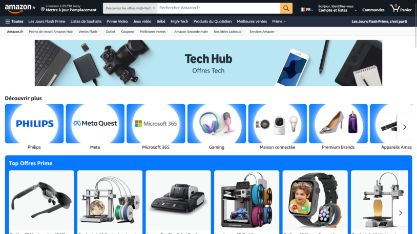 Rubrique Tech Hub d'Amazon.fr listant les offres high-tech et les Top Offres Prime pendant l'événement d'octobre