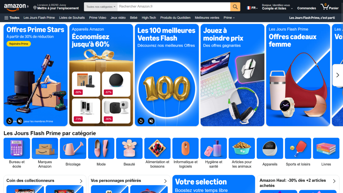Page d'accueil d'Amazon.fr pendant les Jours Flash Prime d'octobre avec les offres Prime Stars et les ventes flash