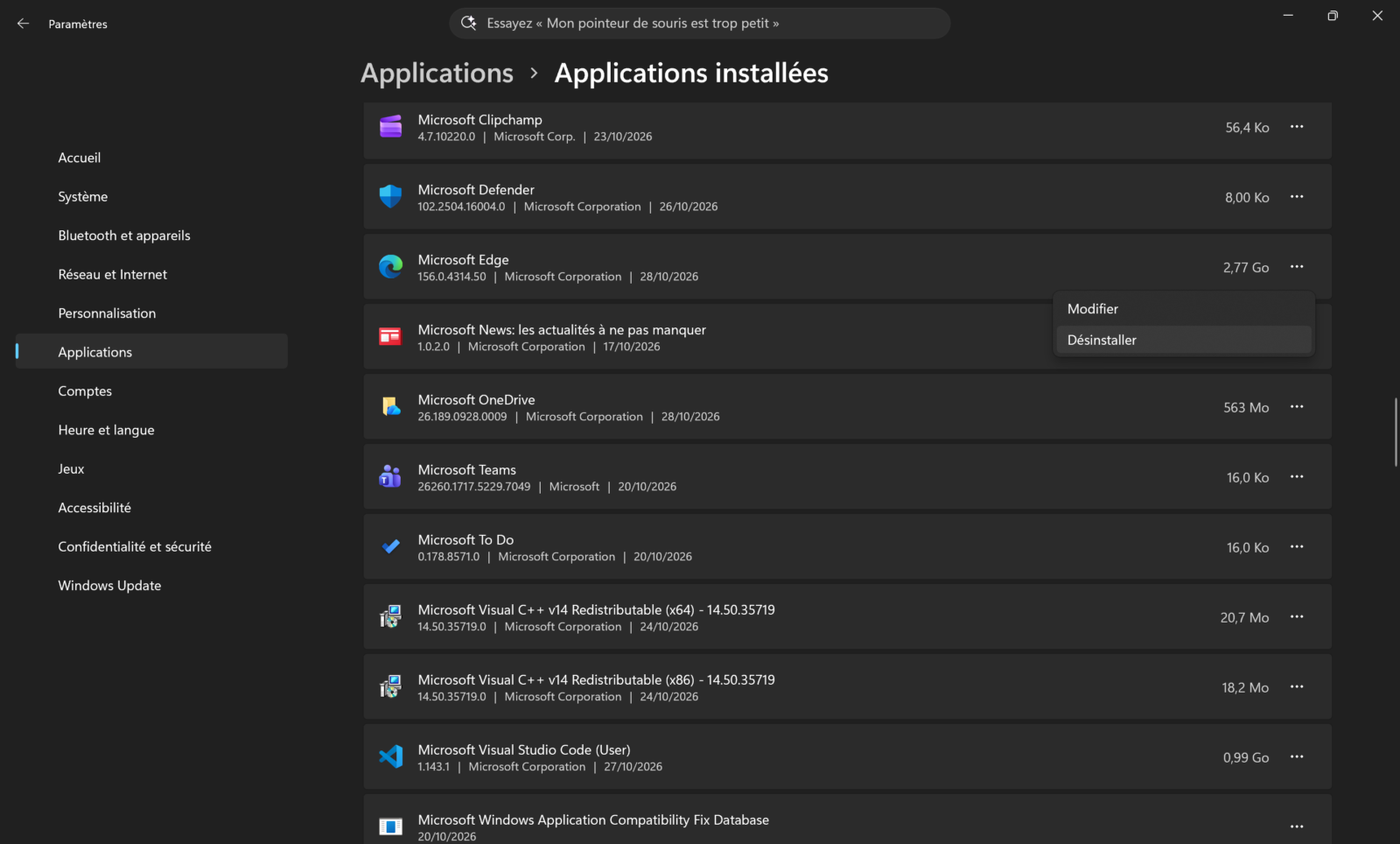 Microsoft Edge dans les Applications installées de Windows 11 avec l'option Désinstaller disponible en France