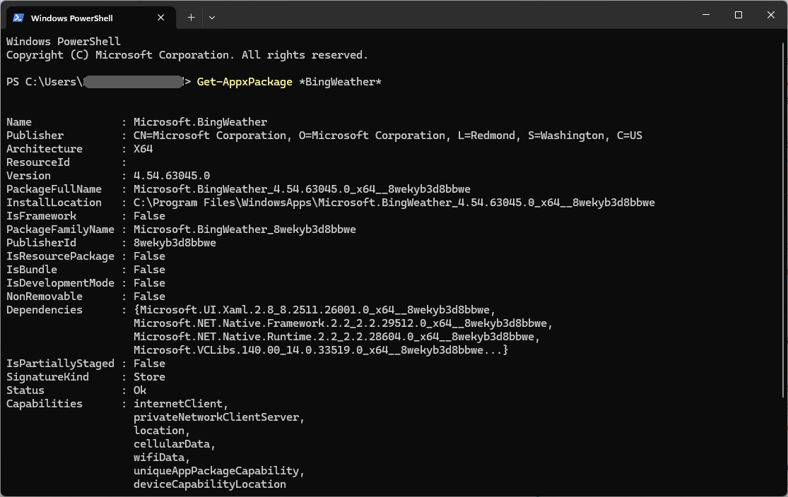 PowerShell affichant les informations du paquet Microsoft.BingWeather avec la commande Get-AppxPackage