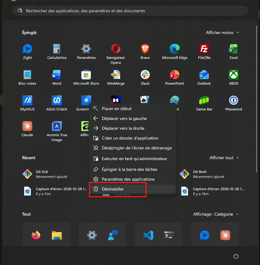 Menu contextuel d'une application épinglée dans le menu Démarrer de Windows 11 avec l'option Désinstaller