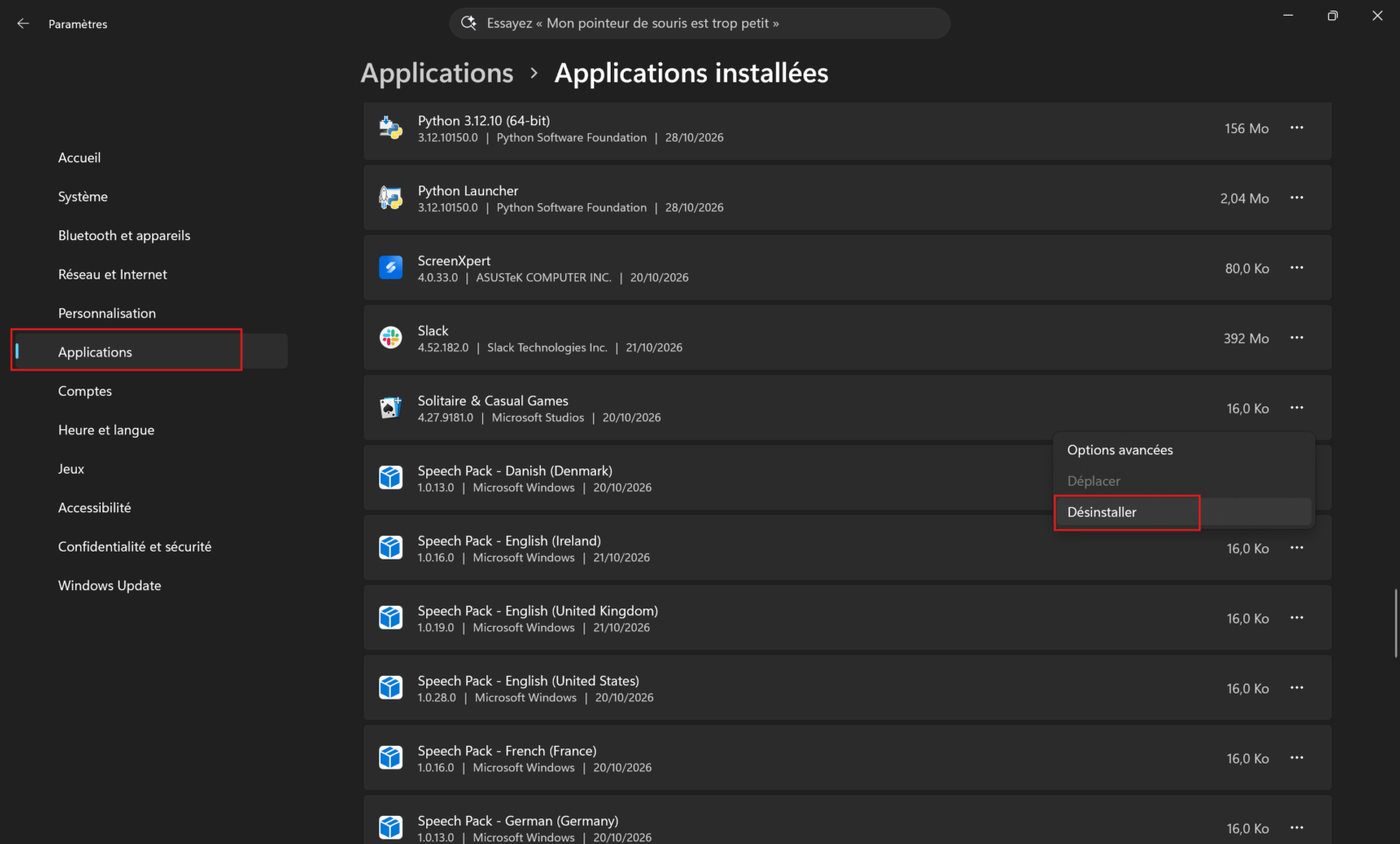 Page Applications installées des Paramètres de Windows 11 avec le menu de Solitaire & Casual Games ouvert sur Désinstaller