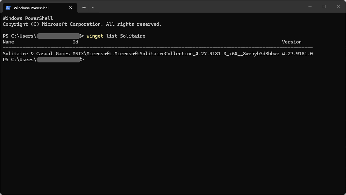 Terminal Windows affichant le résultat de winget list Solitaire avec le nom, l'identifiant et la version de l'application