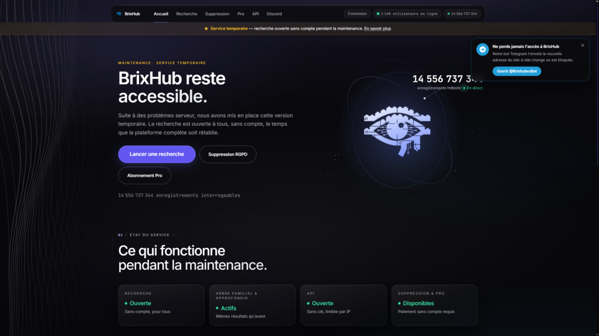 Page d'accueil de Brixhub, moteur de recherche de données volées, avec ses boutons de recherche et de suppression payante
