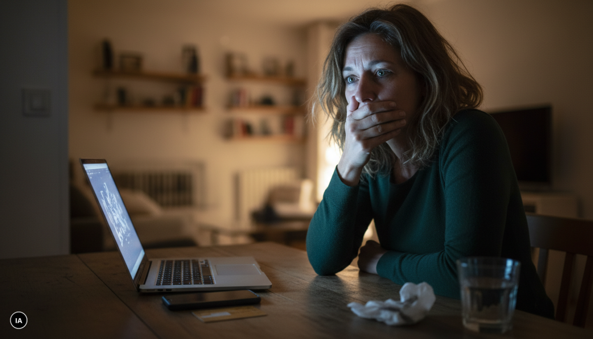 Femme inquiète devant son ordinateur portable le soir, découvrant que ses données personnelles ont fuité sur Brixhub
