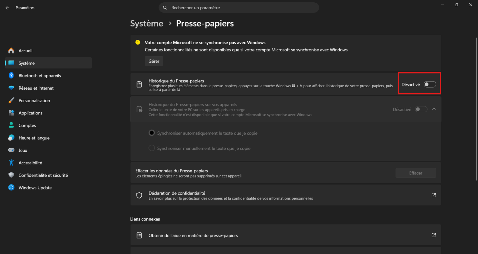 Page Presse-papiers des Paramètres de Windows 11 avec l'interrupteur Historique du Presse-papiers désactivé, encadré en rouge