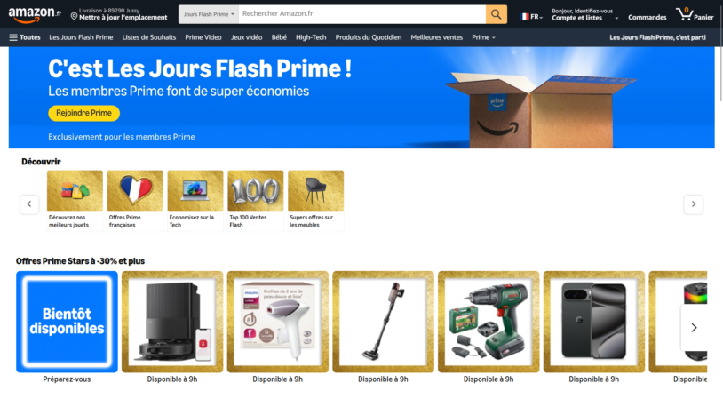 Bannière des Jours Flash Prime sur Amazon.fr réservée aux membres Prime, avec le carton Prime et les offres à -30 %