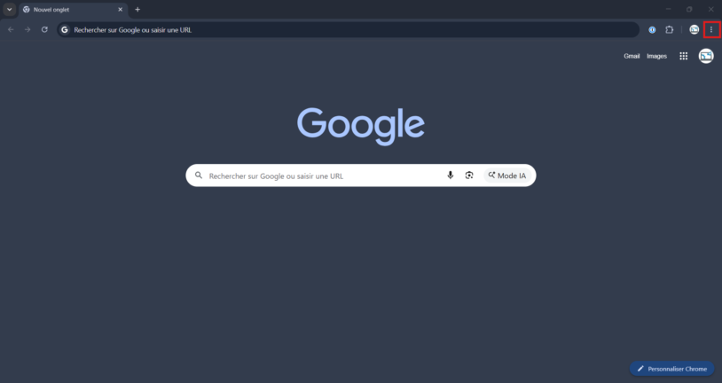 Bouton Plus à trois points encadré en haut à droite de Chrome, première étape pour mettre à jour Chrome