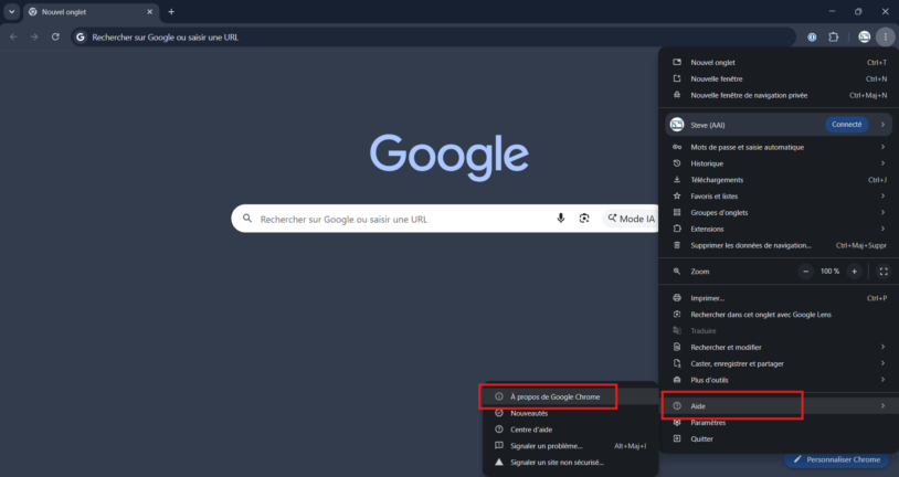 Menu Aide de Google Chrome ouvert sur l'option À propos de Google Chrome, encadrée en rouge