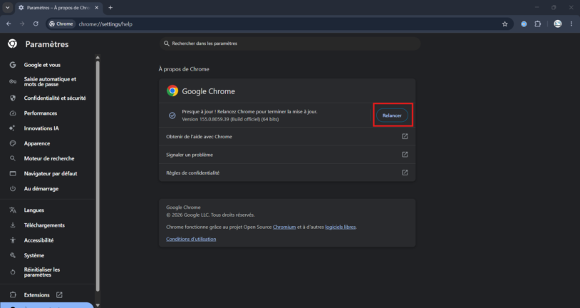 Bouton Relancer encadré sur la page À propos de Chrome pour terminer l'installation de la nouvelle version
