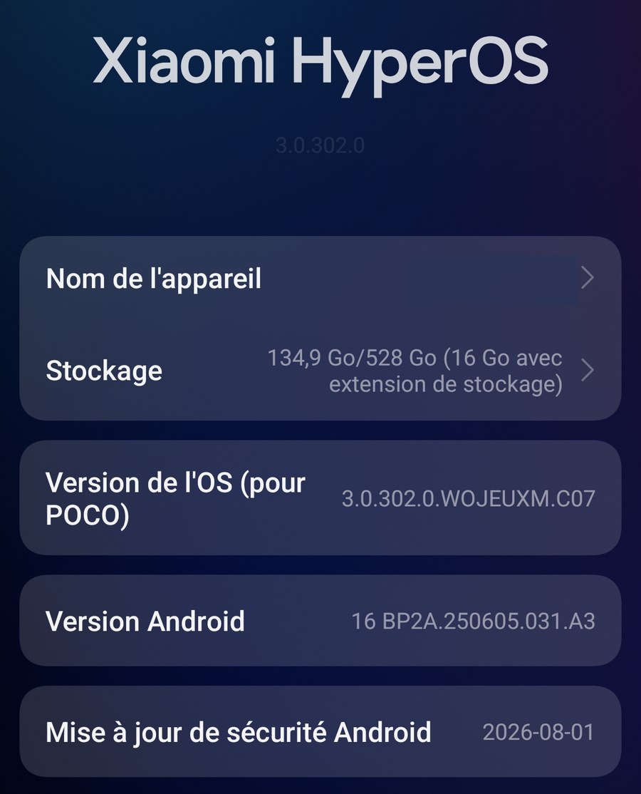 Écran À propos du téléphone de Xiaomi HyperOS affichant la date de mise à jour de sécurité Android