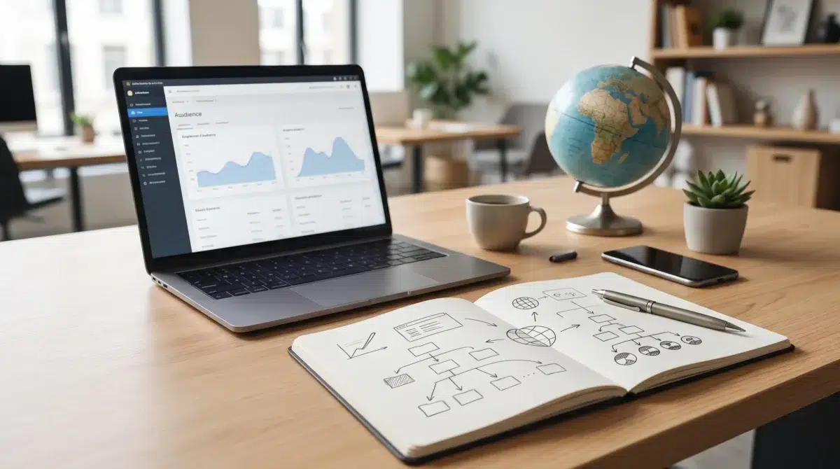 Ordinateur portable affichant des statistiques d'audience, globe et carnet de schémas pour le SEO multilingue
