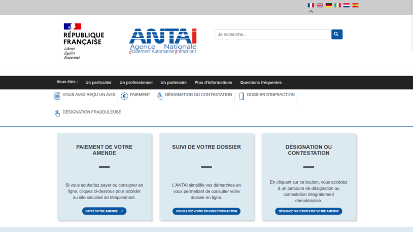 Page d'accueil du site officiel antai.gouv.fr pour vérifier un avis de contravention et repérer l'arnaque au faux PV
