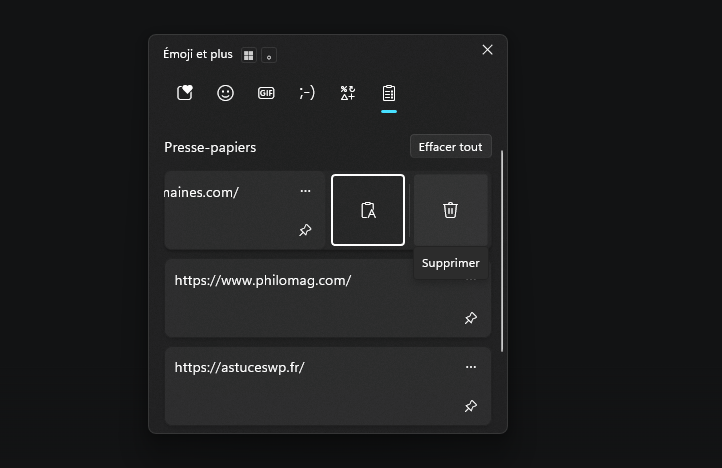 Historique du presse-papiers de Windows 11 après un clic sur les trois points d'un élément, avec l'icône de corbeille Supprimer