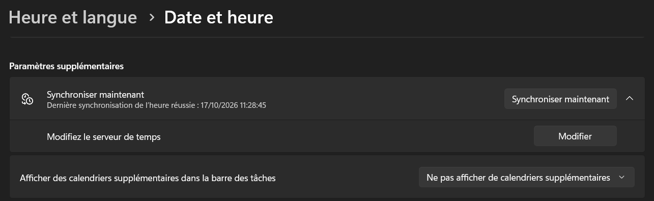 Bouton Synchroniser maintenant et date de la dernière synchronisation de l'heure réussie dans les paramètres supplémentaires de Date et heure sous Windows 11