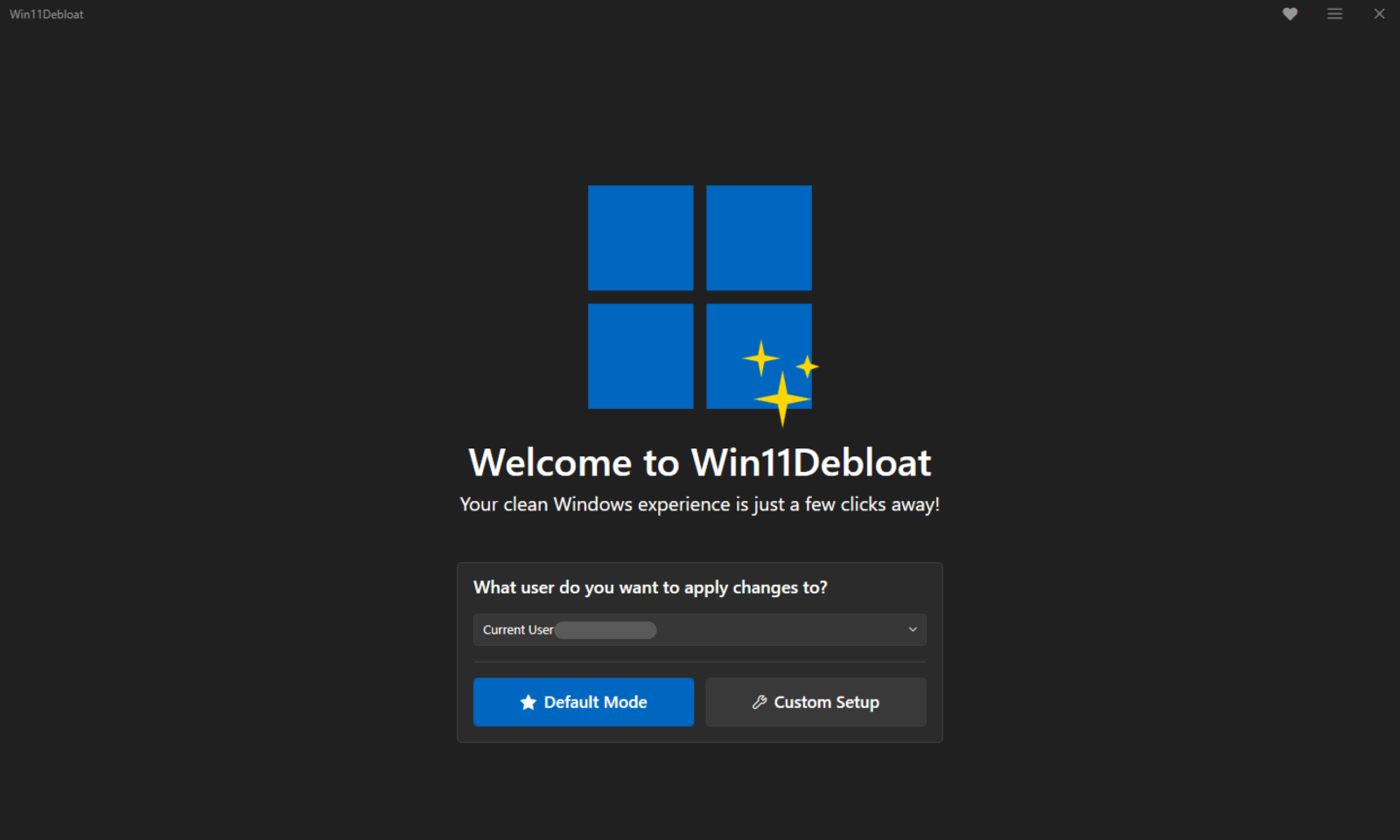 Écran d'accueil de Win11Debloat avec le choix du compte utilisateur et les boutons Default Mode et Custom Setup