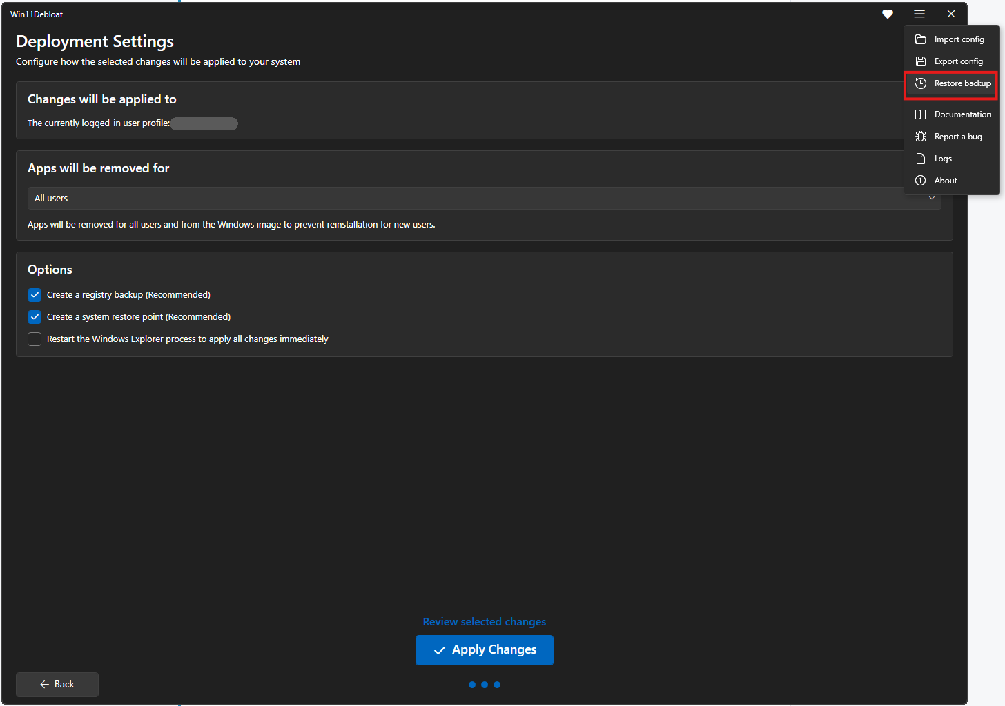 Menu de Win11Debloat ouvert en haut à droite sur l'option Restore backup