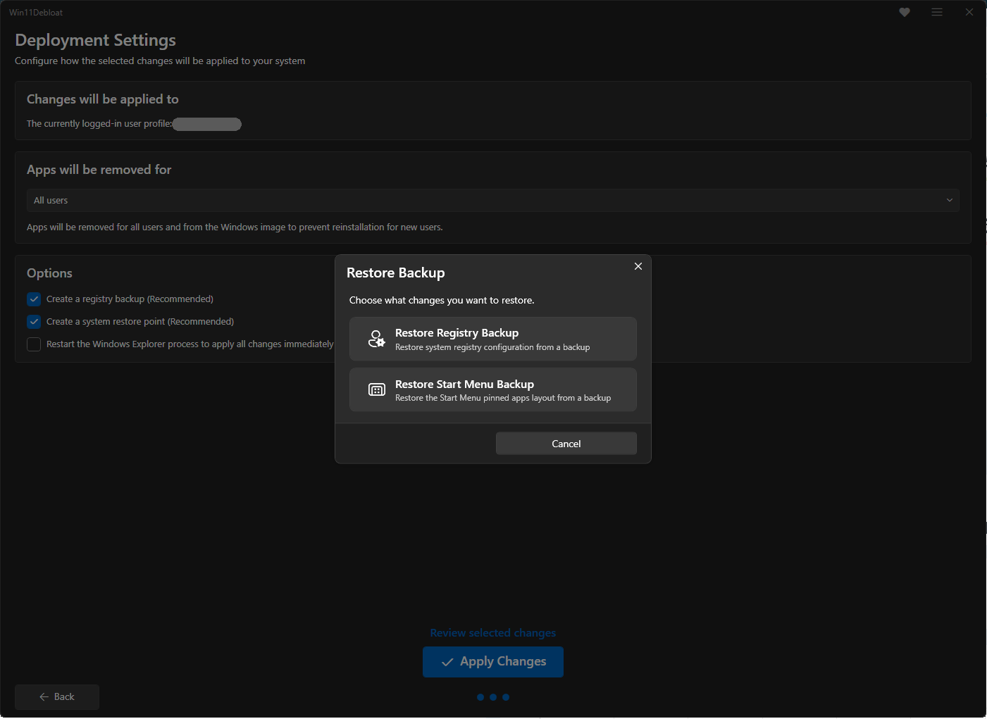Fenêtre Restore Backup de Win11Debloat proposant de restaurer la sauvegarde du registre ou celle du menu Démarrer
