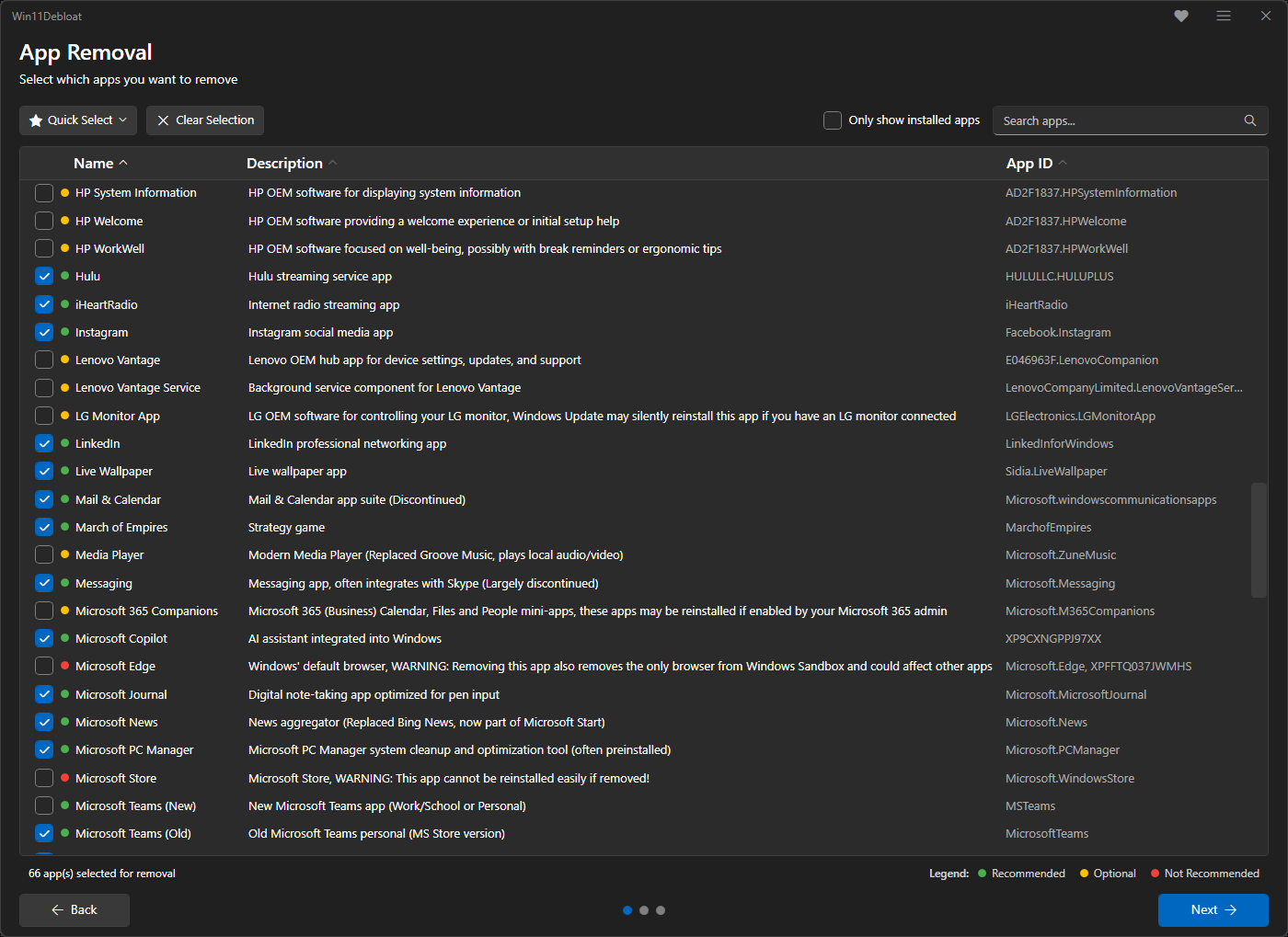 Étape App Removal de Win11Debloat avec les applications cochées par défaut et Microsoft Store décoché