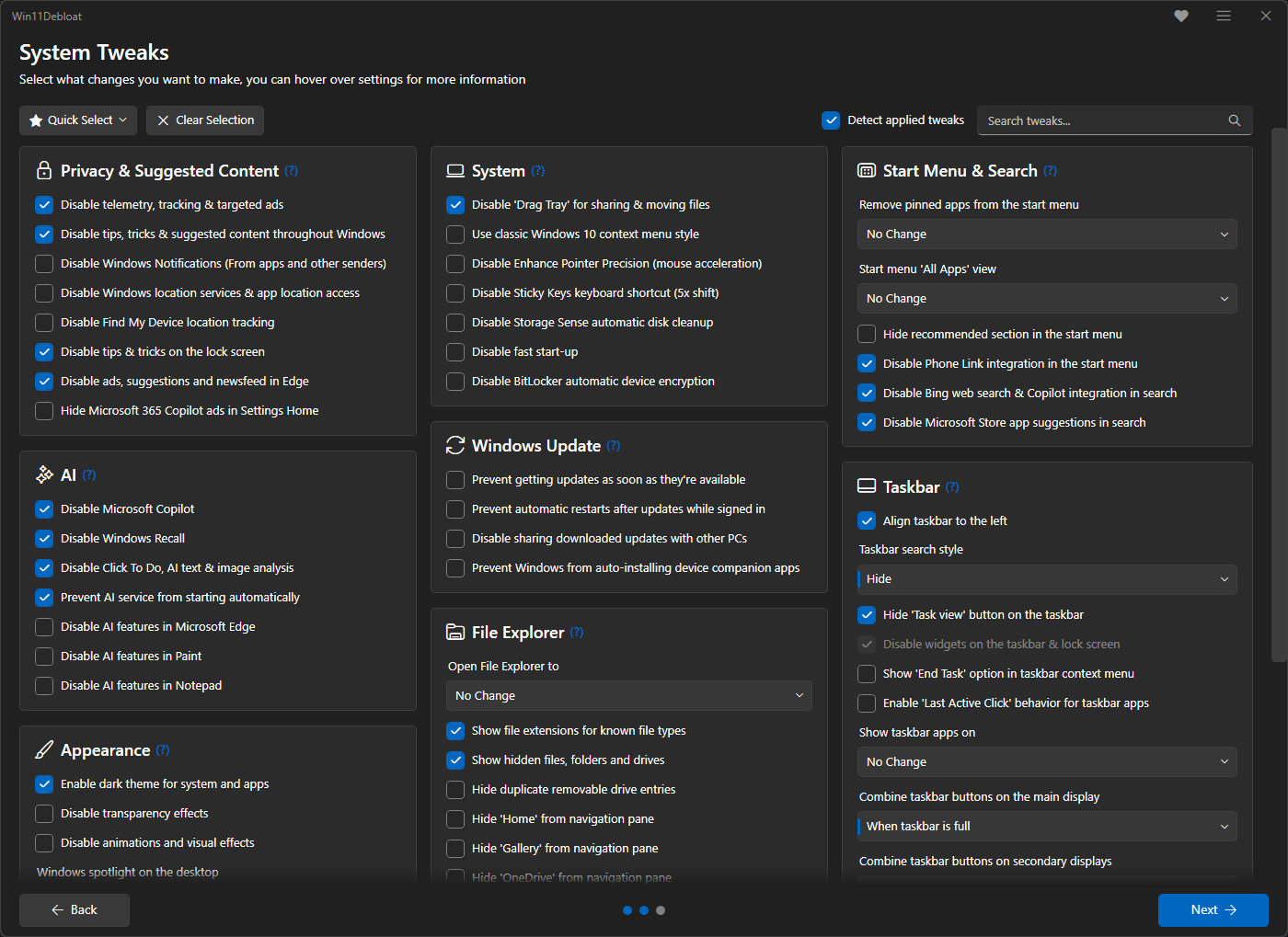 Écran System Tweaks de Win11Debloat avec les réglages de télémétrie, Copilot et Recall cochés